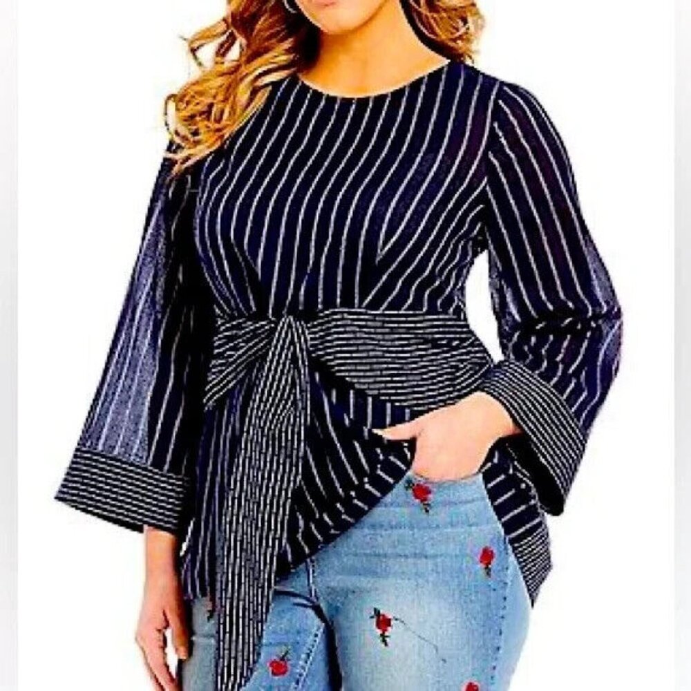 Gibson Latimer Navy White Striped Wrap Top Size 1X